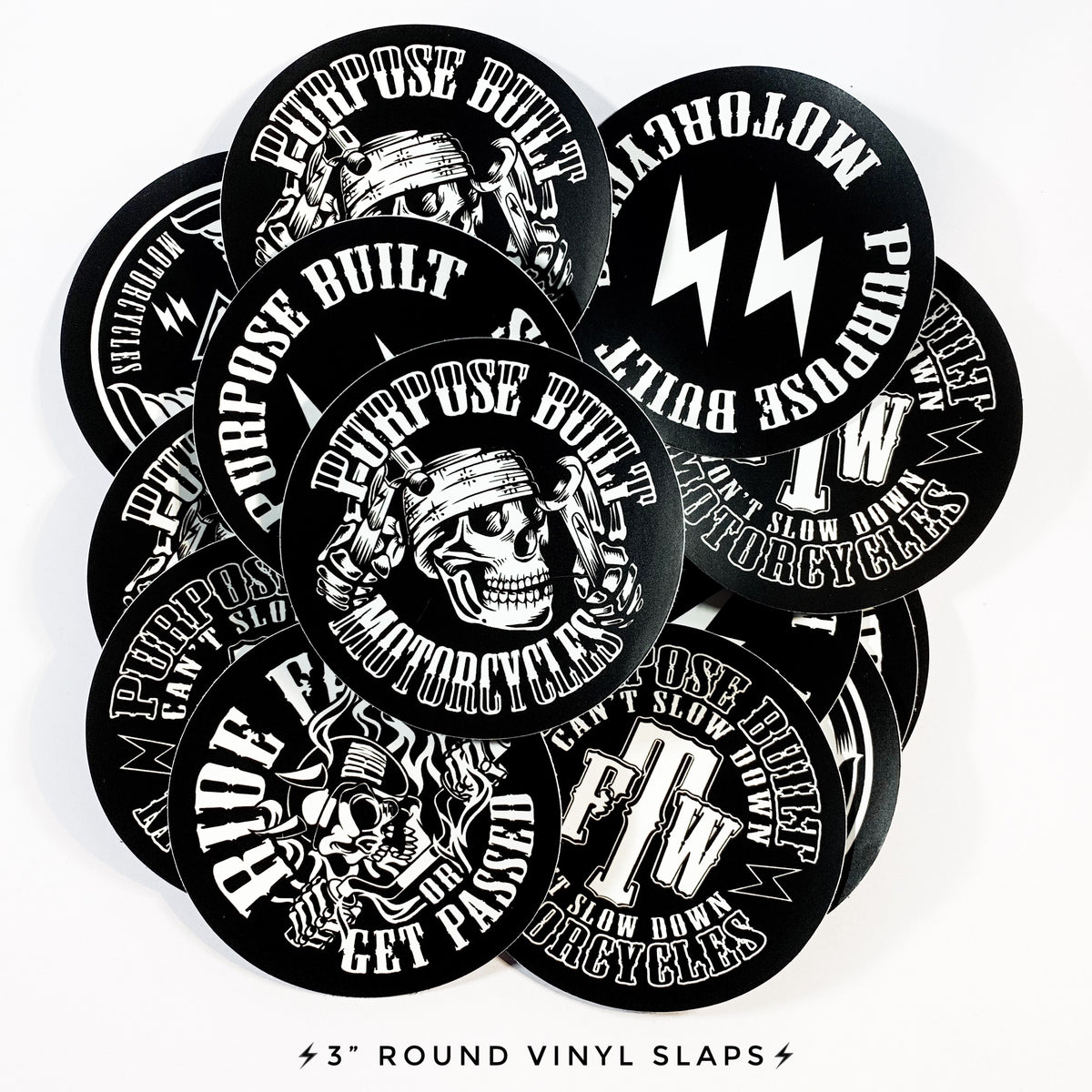 3" Round Black/White Vinyl Stickers - Purpose Built Motorcycles